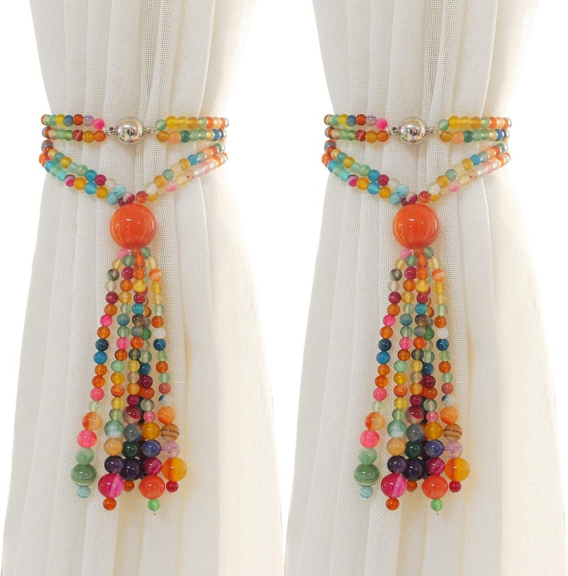 Pedobo Magnetic Curtain Tiebacks, 2 Pack Colorful Agate Tassel Curtain Drapery Holdbacks, Boho Curtain Ties for Home Office Decorative - Image 1